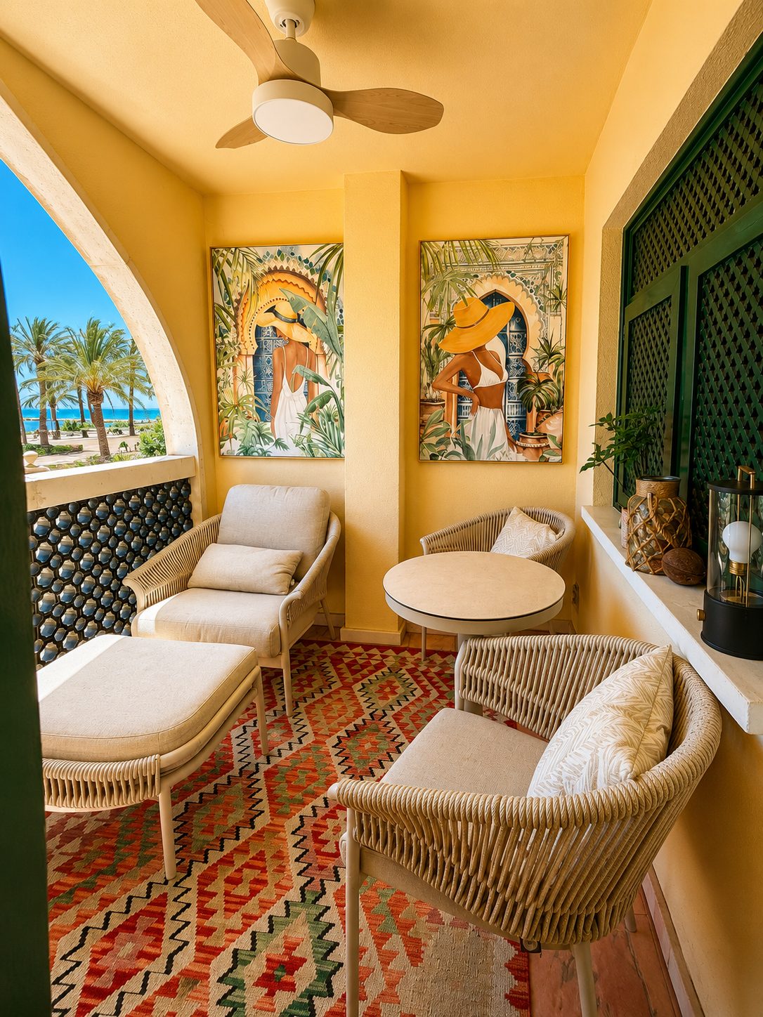 Terrace with rattan seating and sea views