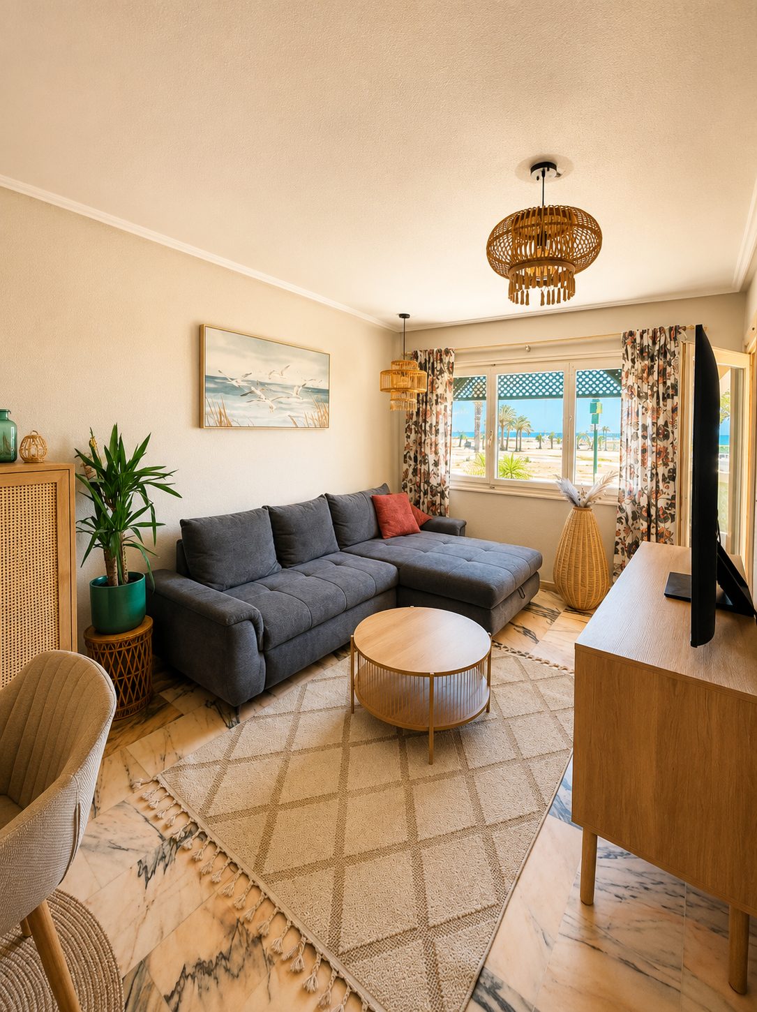 Living room with sofa and sea views