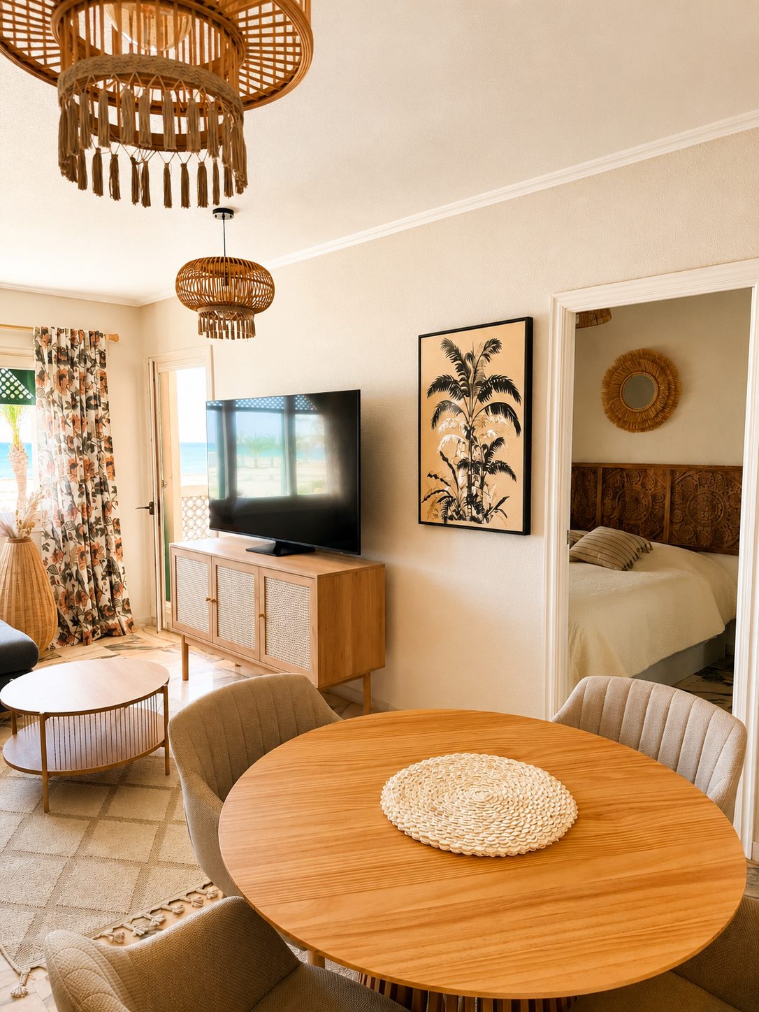 Living area with Smart TV and bedroom entrance