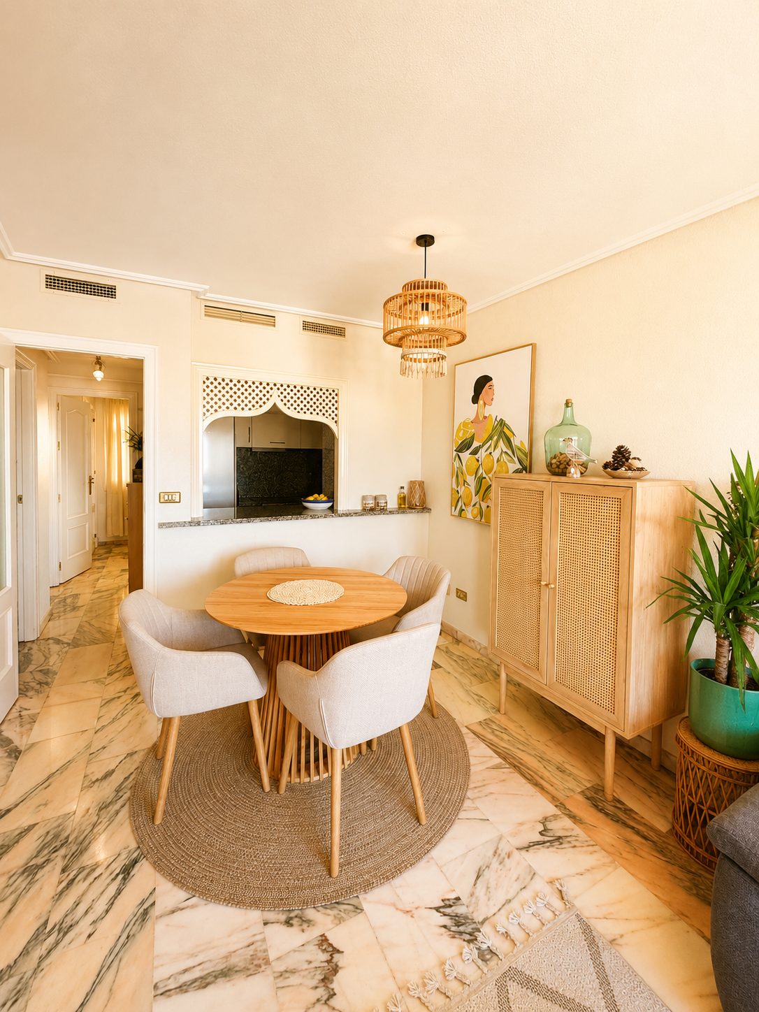 Dining area with a view into the kitchen