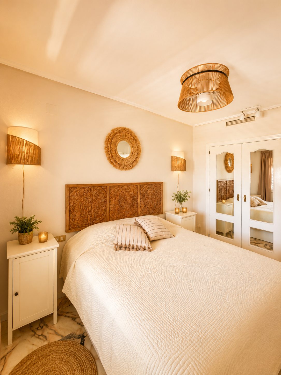 Master bedroom with a carved headboard