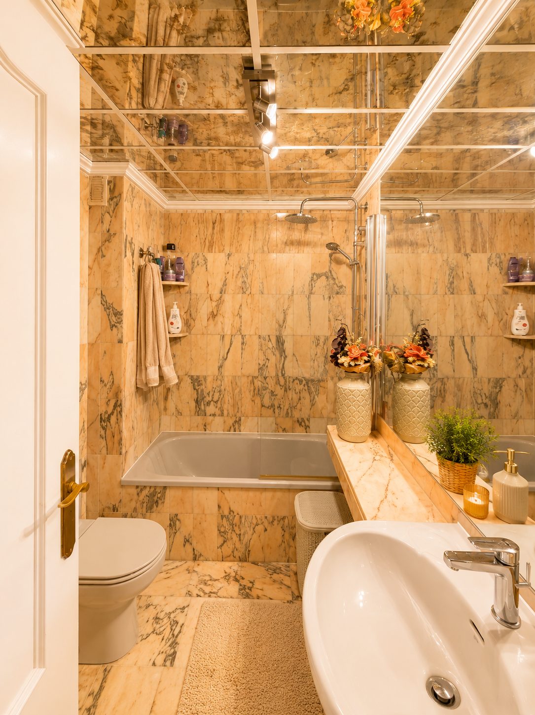 Marble bathroom with bathtub and rain shower