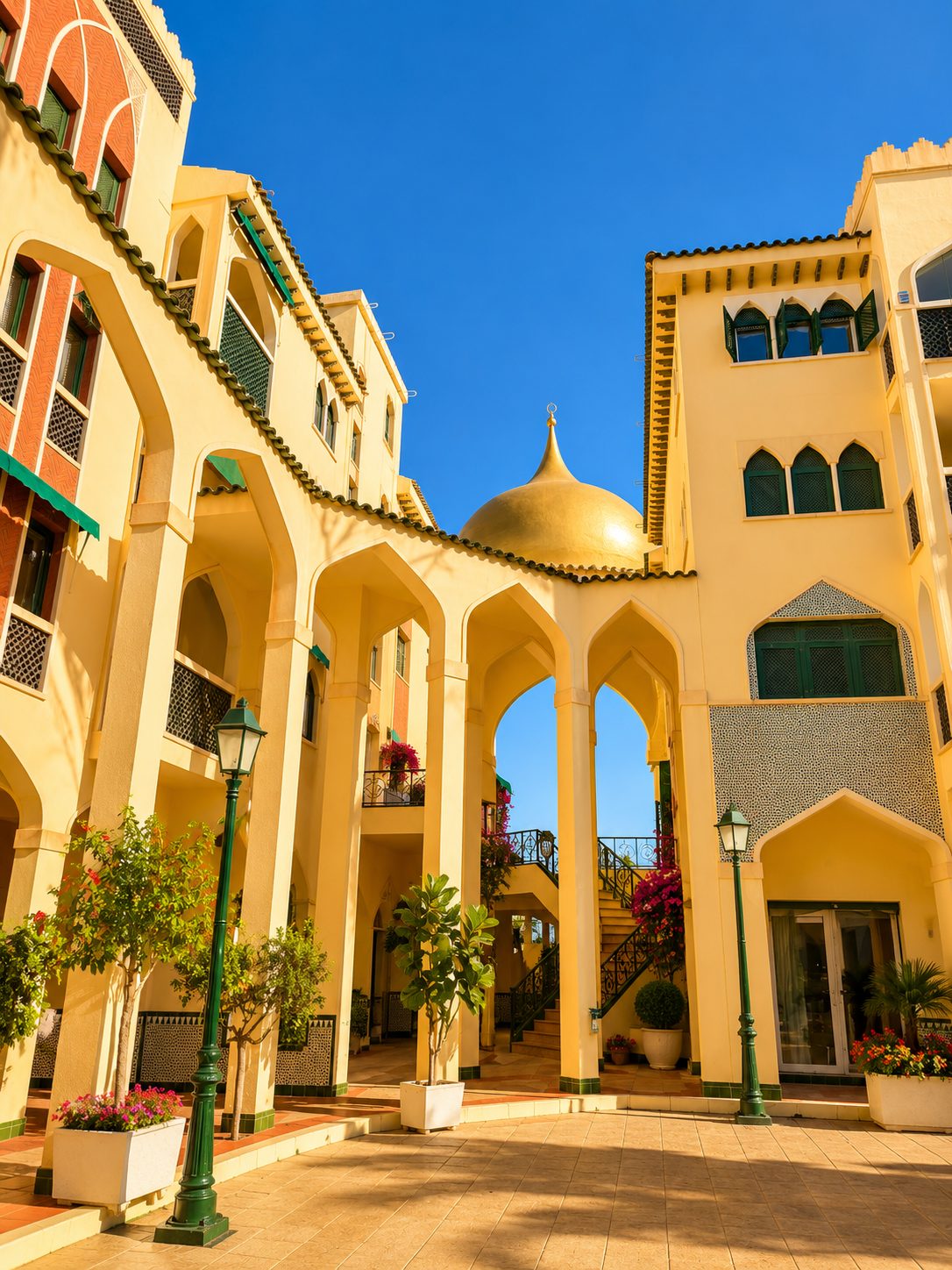 Courtyard with golden dome and arches